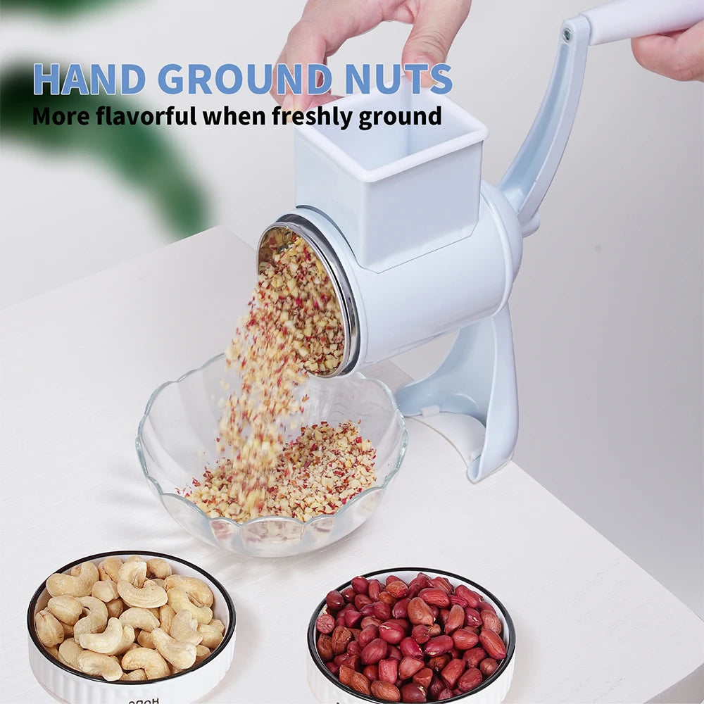 Rotary Grater Food Mills Nut Grinder with two drum blades, ideal for grating cheese, nuts, and vegetables, featuring a manual design.