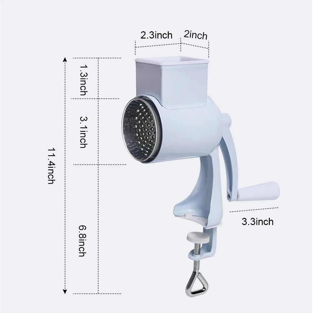 Rotary Grater Food Mills Nut Grinder with two drum blades, ideal for grating cheese, nuts, and vegetables, featuring a manual design.