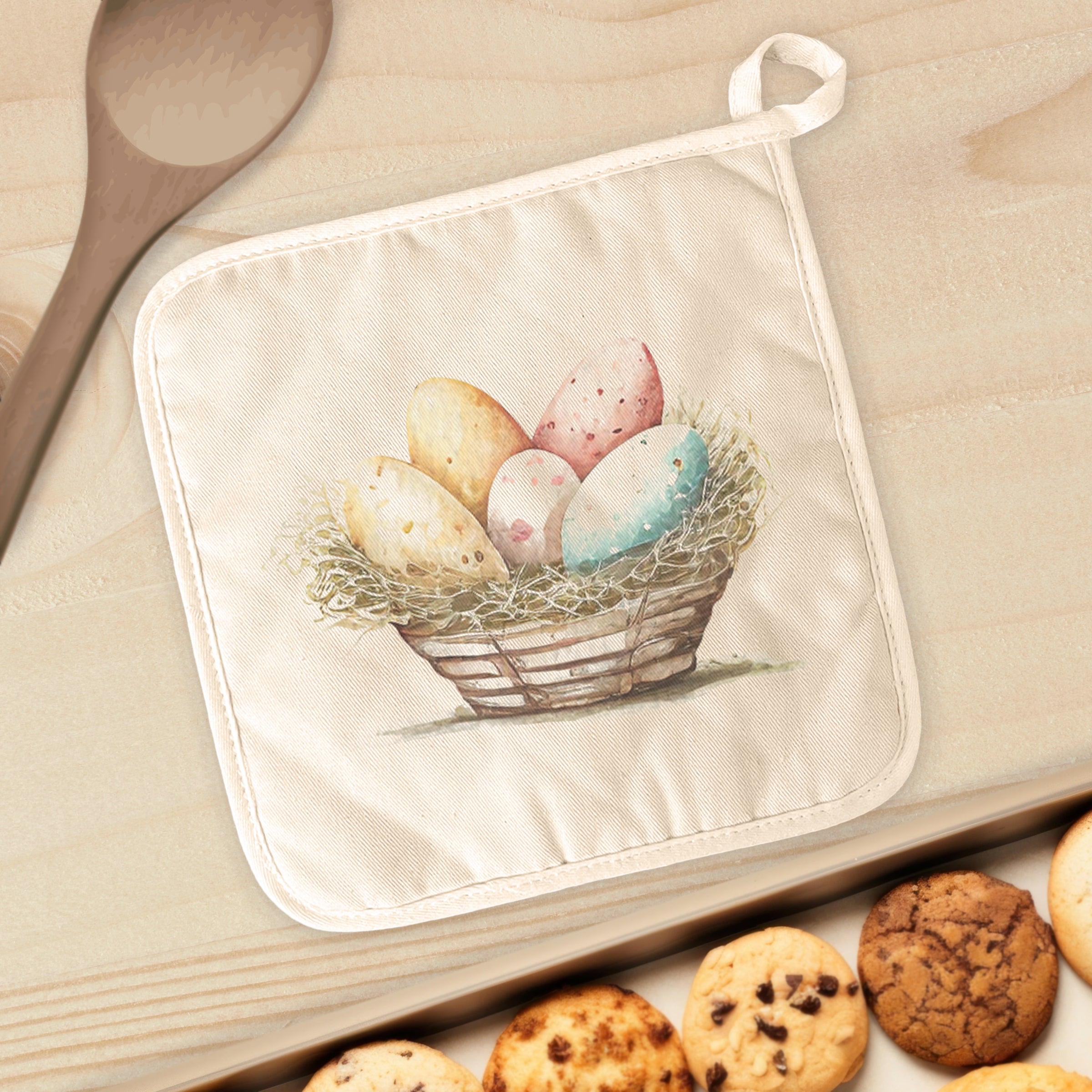 Rustic Egg Basket cotton pot holder with vibrant designs, perfect for protecting surfaces from hot cookware.