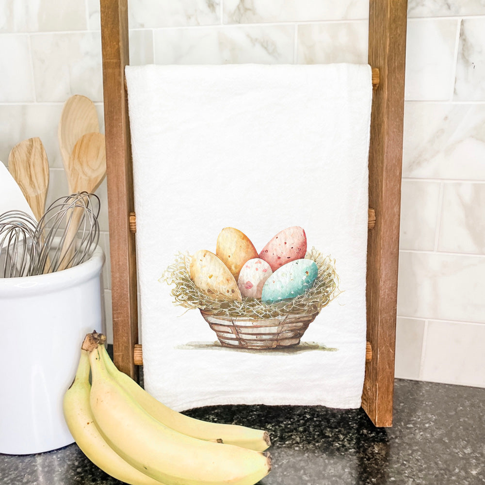 Rustic Egg Basket cotton tea towel featuring vibrant colors and a charming design, perfect for kitchen use.