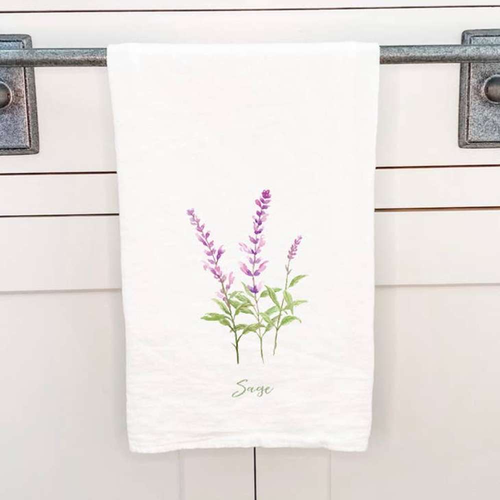 Sage Cotton Tea Towel featuring a beautiful design, made from 100% absorbent cotton, perfect for kitchen use.