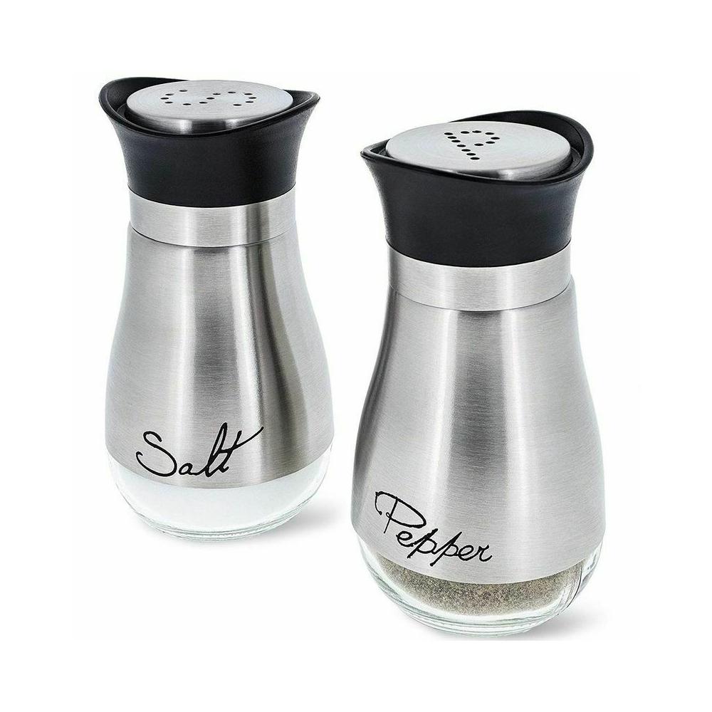 Stylish stainless steel and glass salt and pepper shakers set with perforated S and P labels, BPA-free, 4oz capacity.