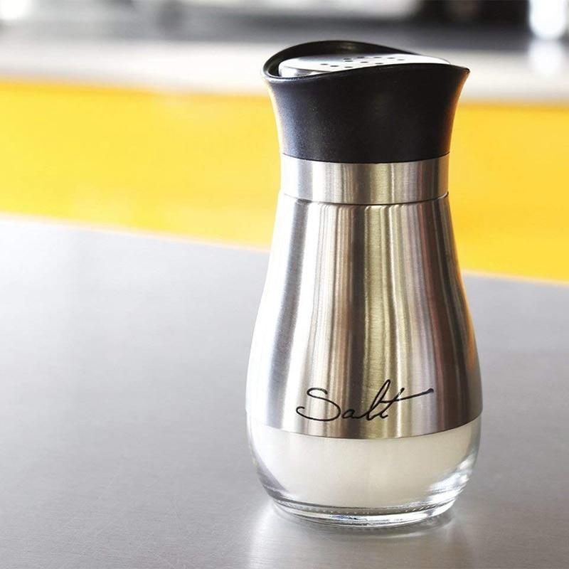 Stylish stainless steel and glass salt and pepper shakers set with perforated S and P labels, BPA-free, 4oz capacity.