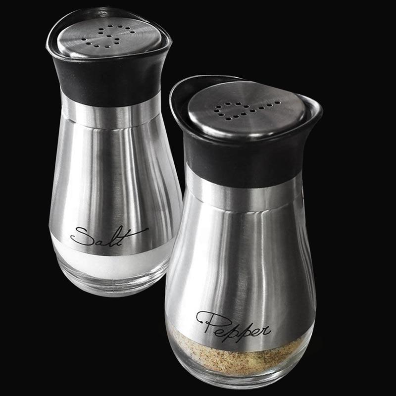 Stylish stainless steel and glass salt and pepper shakers set with perforated S and P labels, BPA-free, 4oz capacity.