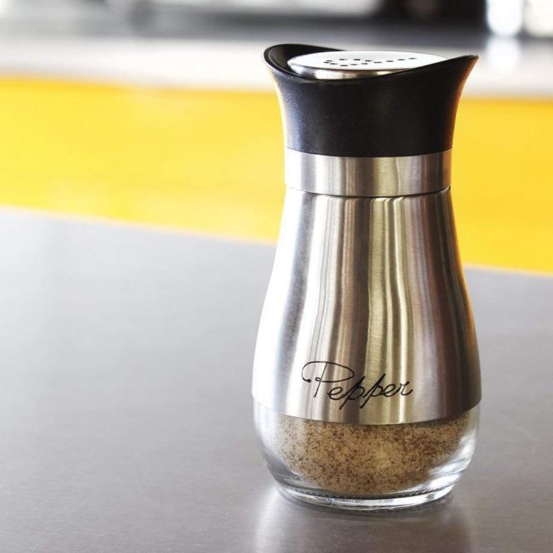 Stylish stainless steel and glass salt and pepper shakers set with perforated S and P labels, BPA-free, 4oz capacity.