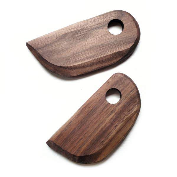 5 Piece Scraper Set featuring walnut and cherry wood scrapers, designed for cast iron and non-stick pans.