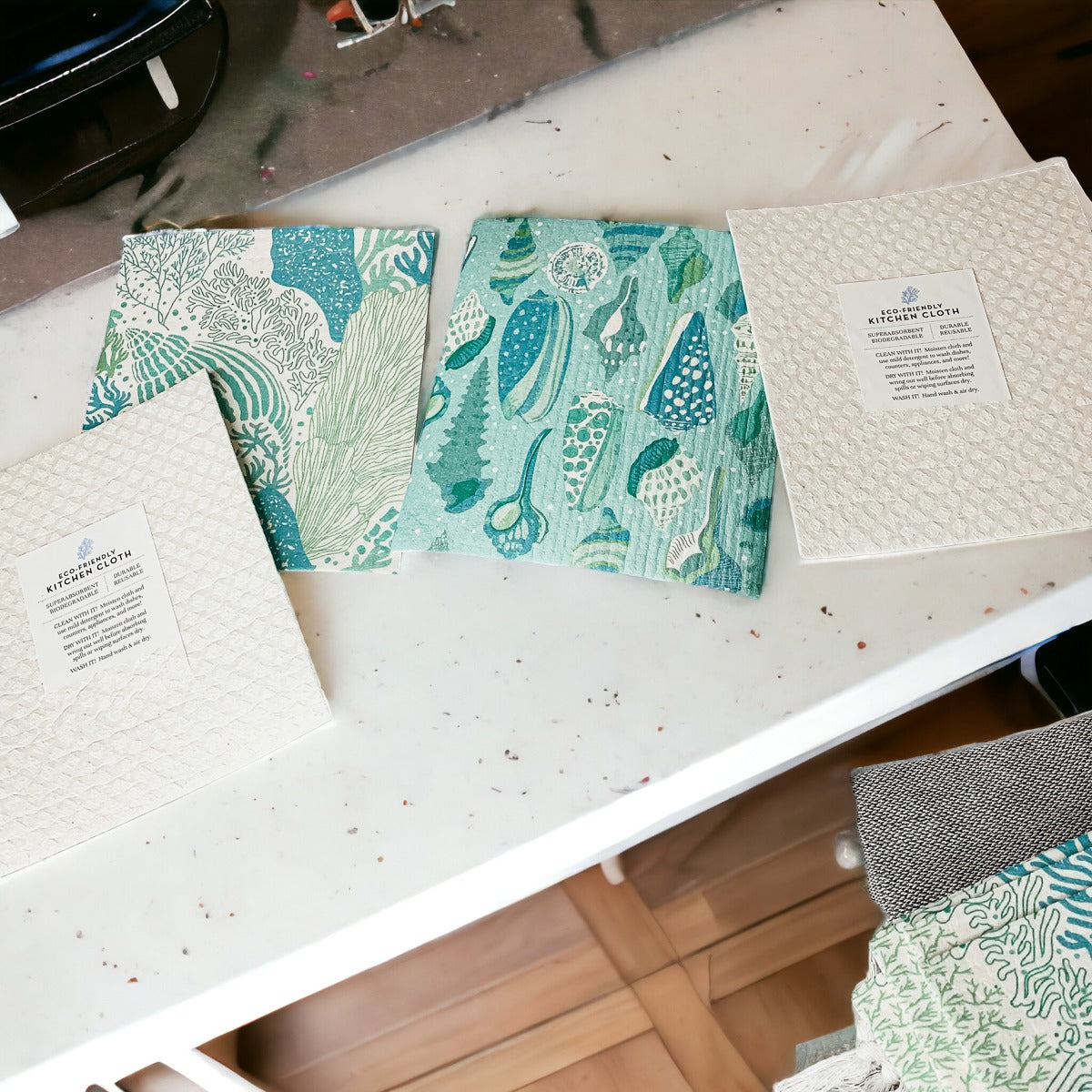 A stylish Sea Biodegradable Cloth featuring coastal designs, made from eco-friendly materials, perfect for kitchen and bathroom cleaning.