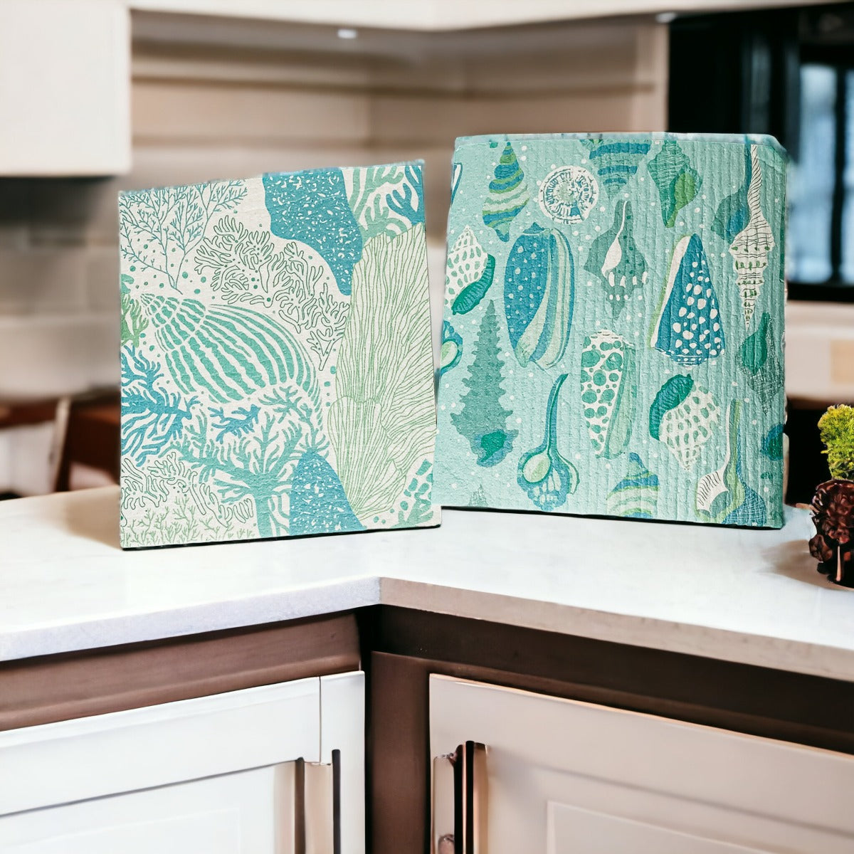 A stylish Sea Biodegradable Cloth featuring coastal designs, made from eco-friendly materials, perfect for kitchen and bathroom cleaning.