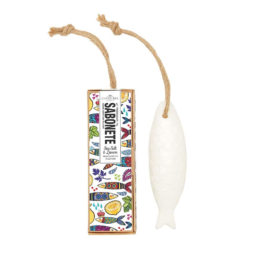 Castelbel Sardine Soap on a Rope with sea salts and lemon scent, designed for effective odor removal in the kitchen.