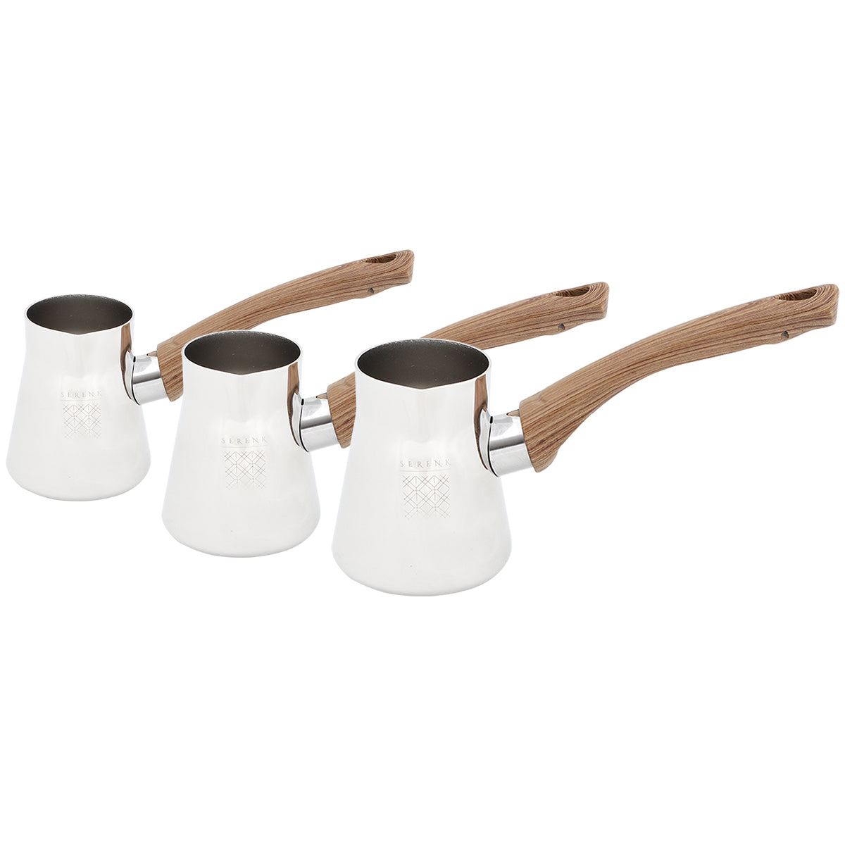 Serenk Türkische Kaffeekanne Set aus Edelstahl mit Bakelit-Griffen, elegant und funktional.