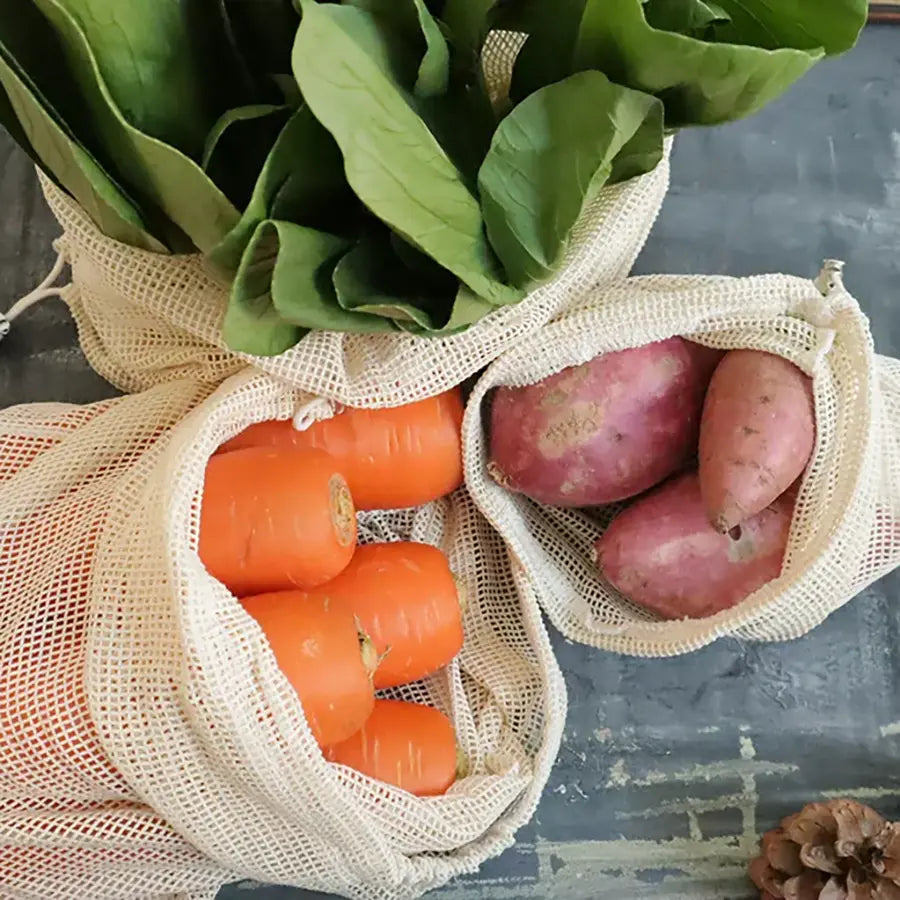 Set of 2 Organic Mesh Bags made from organic cotton, featuring a drawstring closure for secure storage.