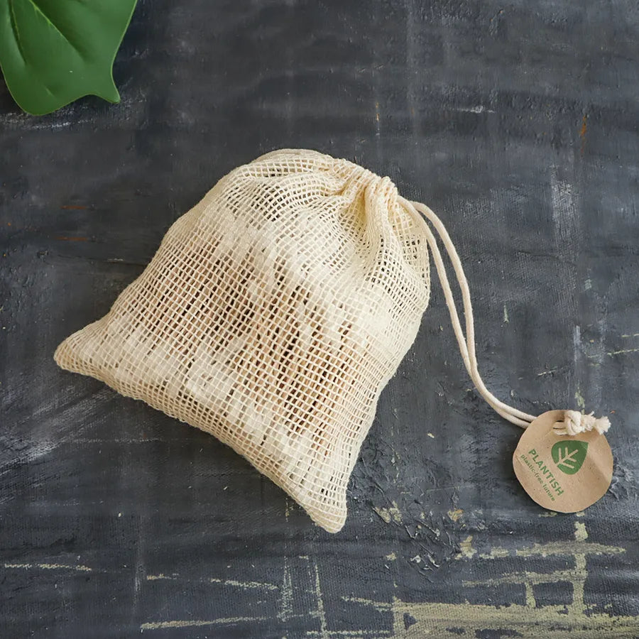 Set of 2 Organic Mesh Bags made from organic cotton, featuring a drawstring closure for secure storage.