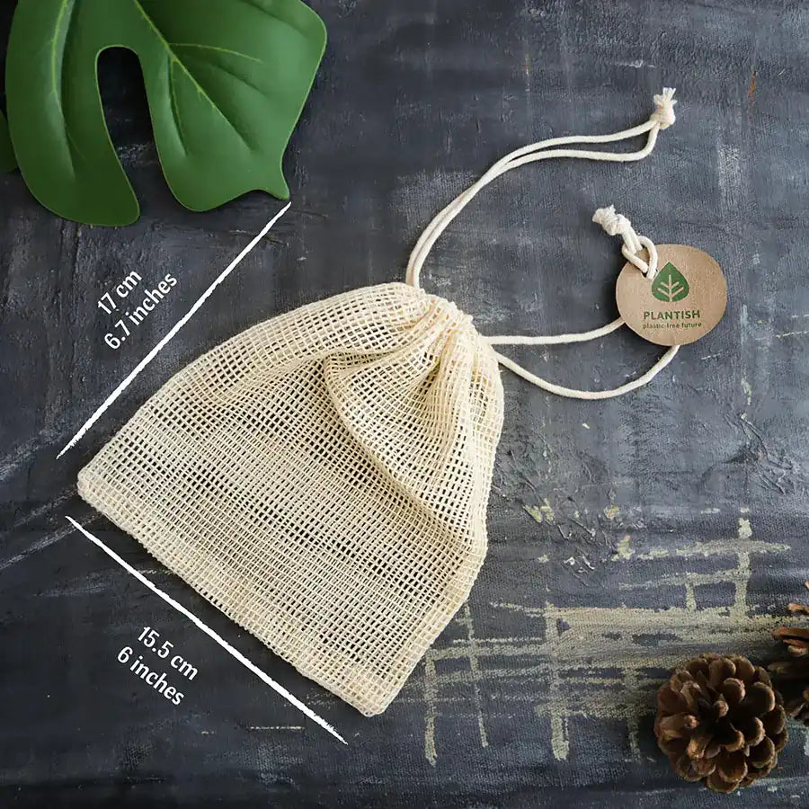 Set of 2 Organic Mesh Bags made from organic cotton, featuring a drawstring closure for secure storage.