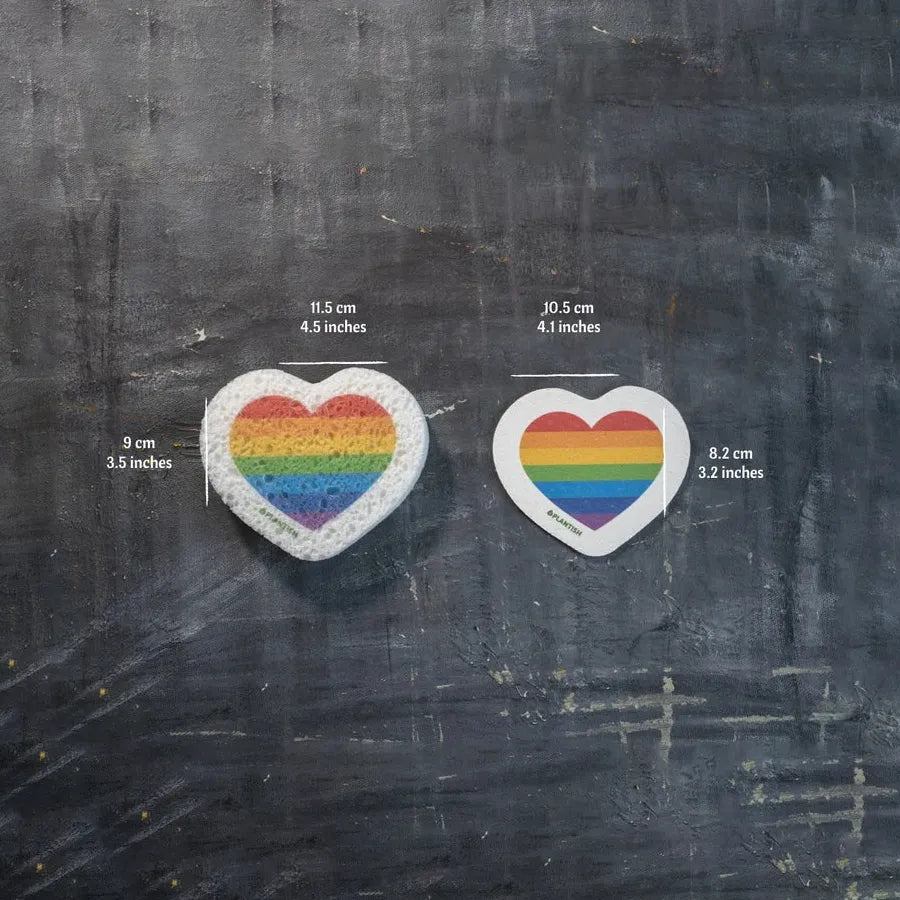 Set of 3 colorful LGBTQ+ Pride Pop-up Sponges featuring Rainbow Heart, Rainbow Popsicle, and Rainbow Cloud designs, made from biodegradable cellulose.