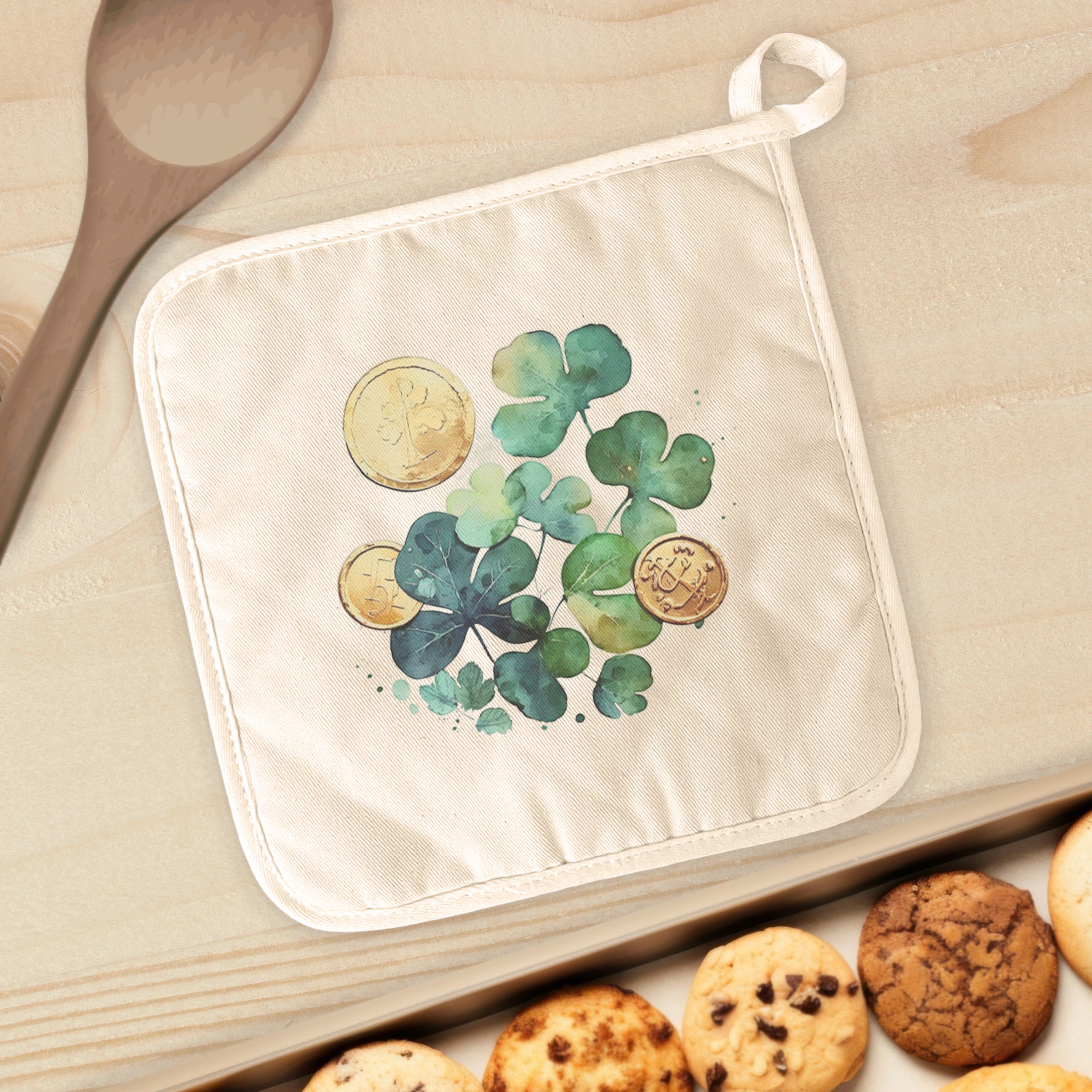 Shamrocks and Coins cotton pot holder featuring vibrant green shamrock designs on a natural background, perfect for kitchen use.