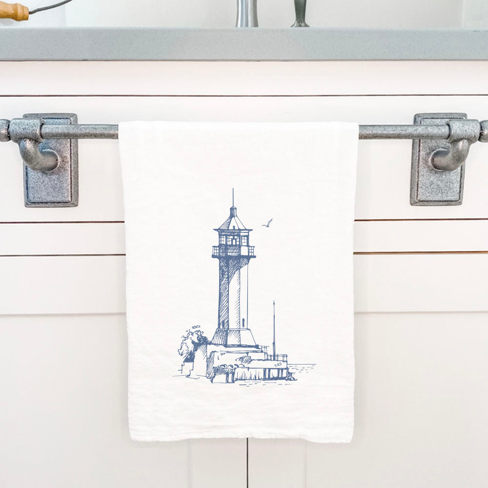 Sketched Lighthouse Cotton Tea Towel featuring a vibrant lighthouse design on absorbent fabric, perfect for kitchen use.