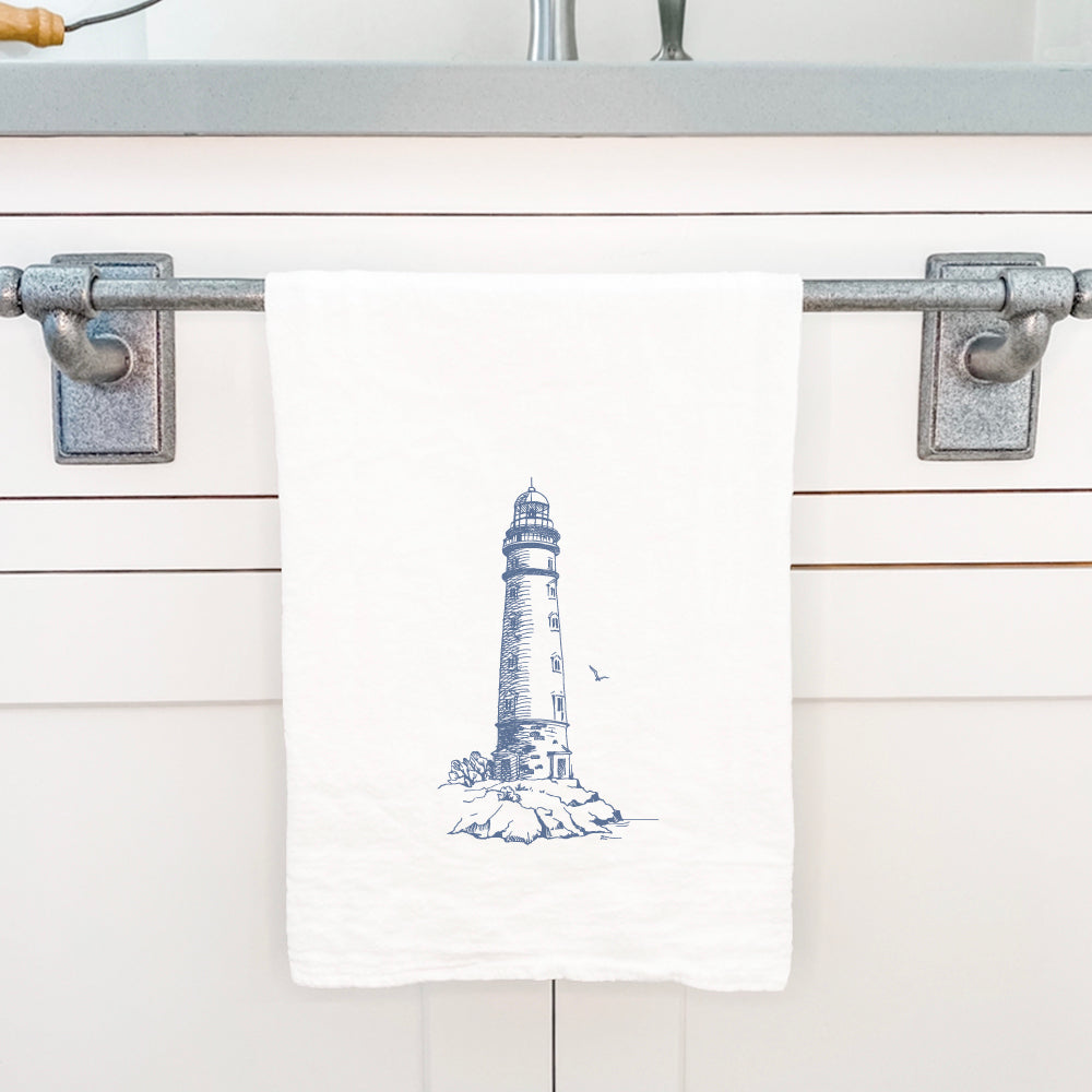 Sketched Lighthouse cotton tea towel featuring a vibrant lighthouse design on a white background, perfect for kitchen use.