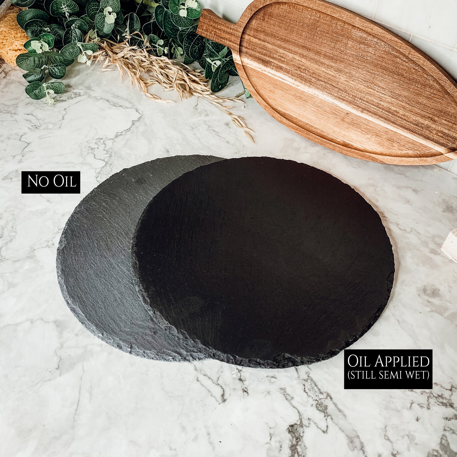 11-inch round slate cheese board with natural edges, perfect for serving appetizers and cheeses.