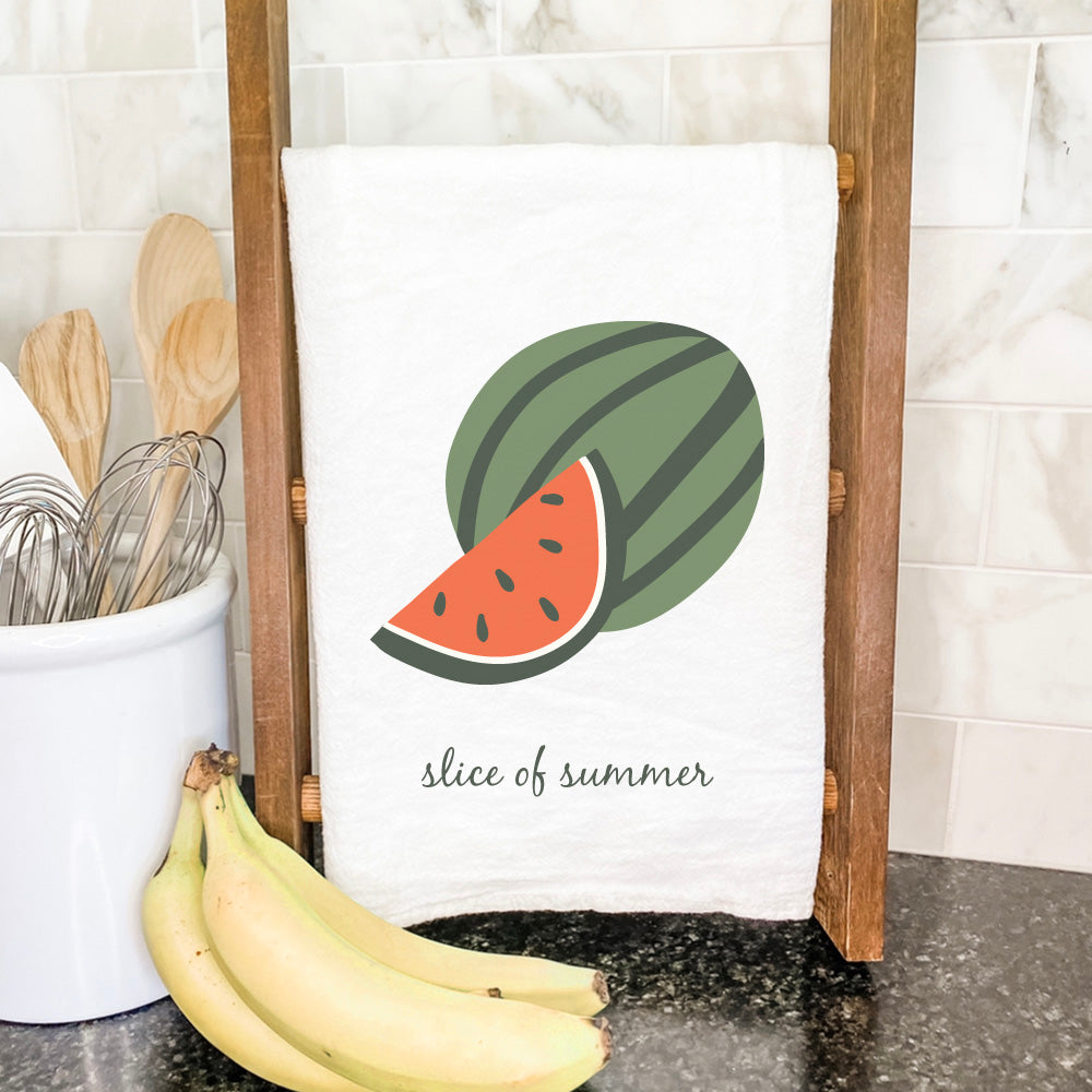 Slice of Summer Cotton Tea Towel featuring vibrant summer-themed design, made from 100% absorbent cotton, measuring 27 inches square.