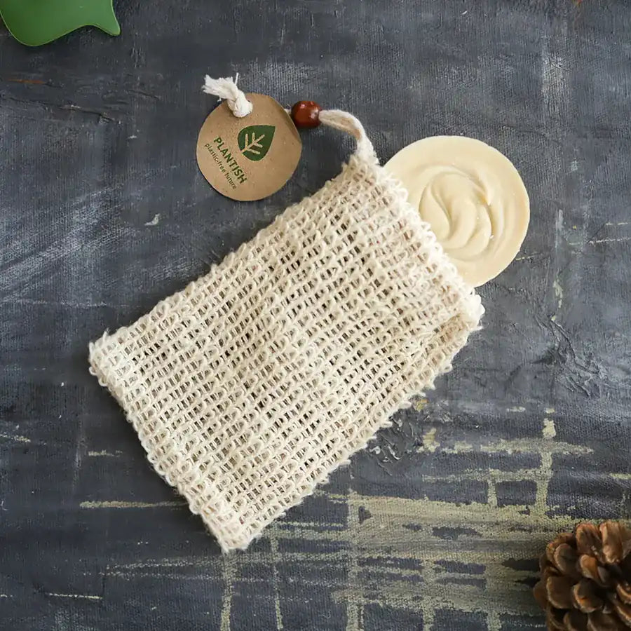 Natural sisal fiber soap bag designed for exfoliating and extending soap life, promoting a zero-waste lifestyle.