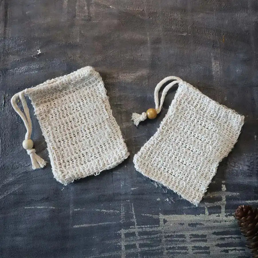 Natural sisal fiber soap bag designed for exfoliating and extending soap life, promoting a zero-waste lifestyle.