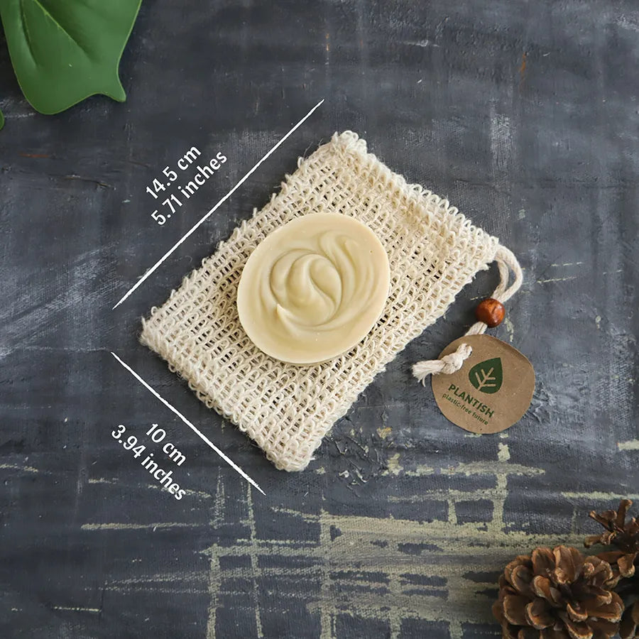 Natural sisal fiber soap bag designed for exfoliating and extending soap life, promoting a zero-waste lifestyle.