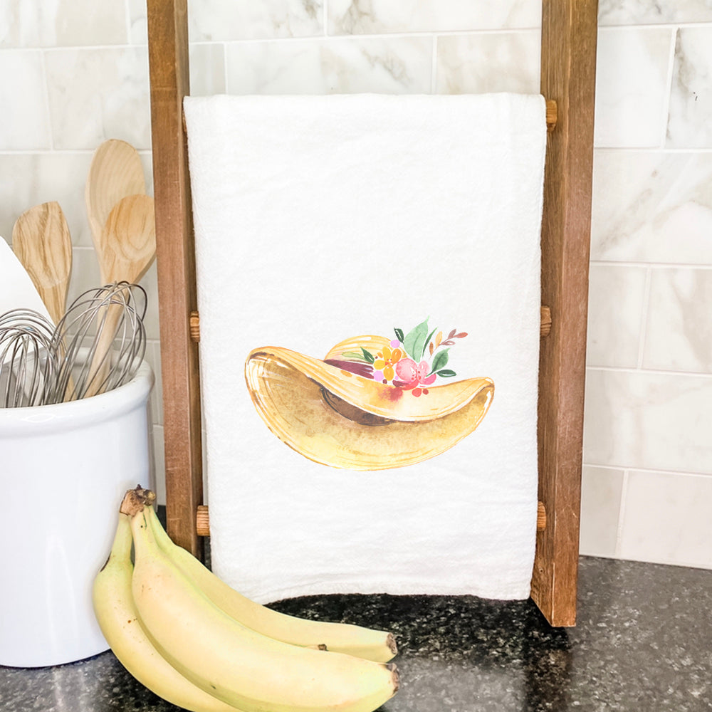 Spring Floral Hat cotton tea towel featuring vibrant floral designs on absorbent fabric, perfect for kitchen use.