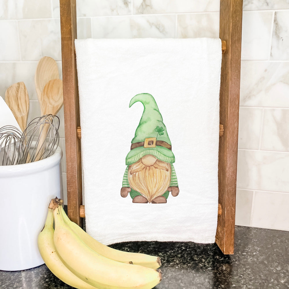 St. Patrick's Gnome Cotton Tea Towel featuring a vibrant gnome design, perfect for festive kitchen decor.