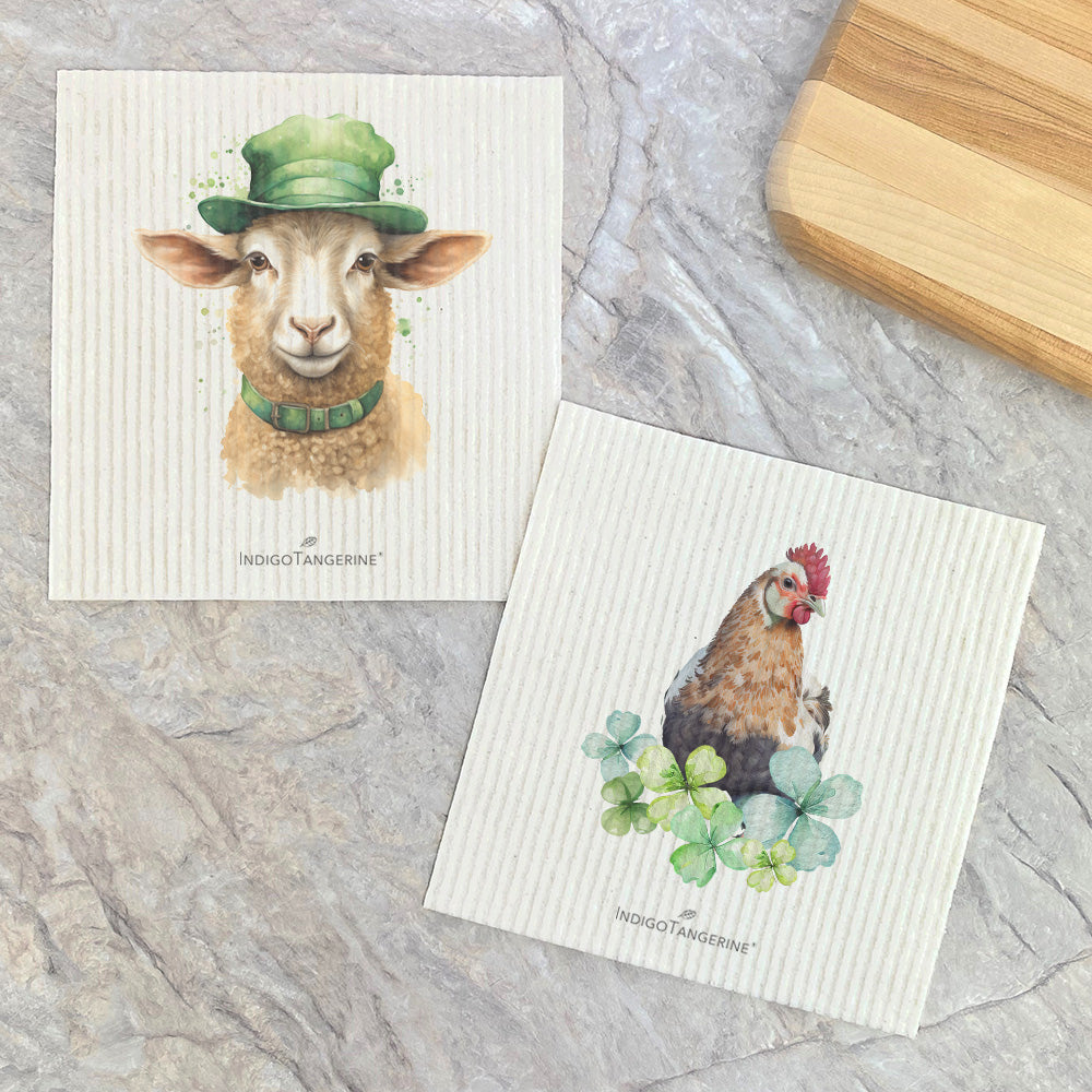 St. Patrick's themed Swedish dish cloth featuring lamb and chicken designs with clovers, eco-friendly and reusable.