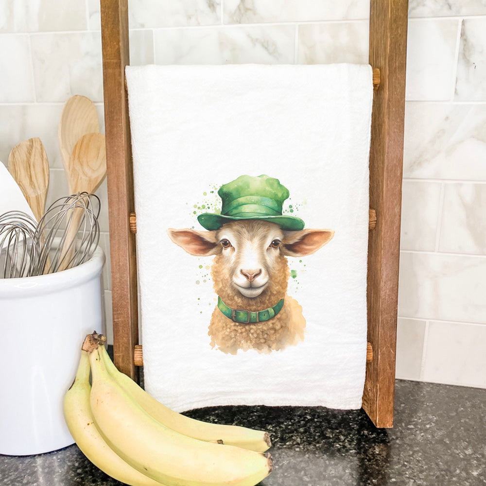 St. Patrick's Lamb cotton tea towel featuring vibrant colors and a charming lamb design, perfect for festive kitchen decor.