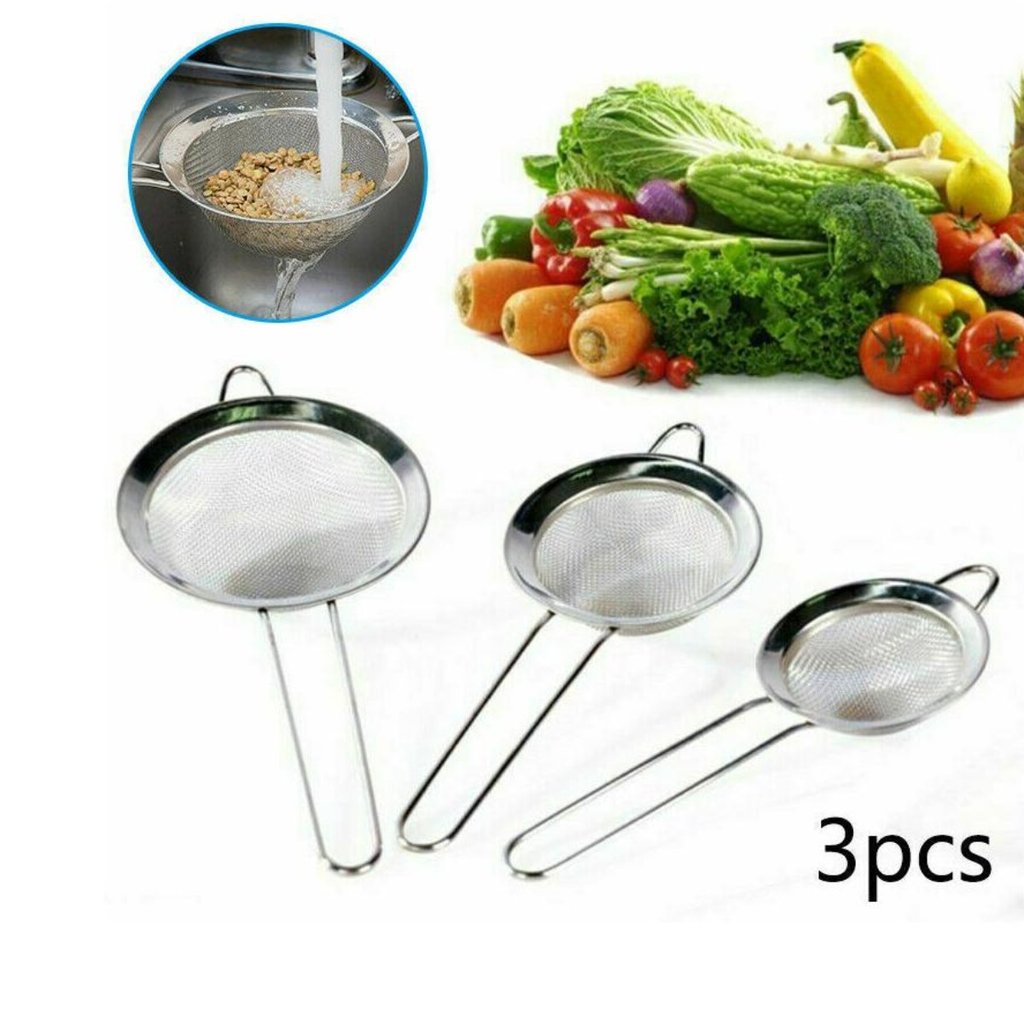 Stainless Steel 3 in 1 Liquid Colanders Set featuring three sizes with ergonomic handles, ideal for straining and rinsing food.