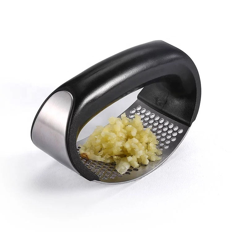 A sleek stainless steel garlic press with an ergonomic rocking design, ideal for crushing garlic effortlessly.