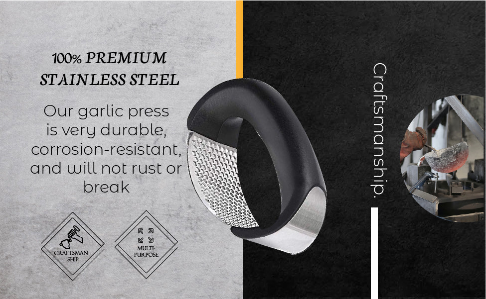 A sleek stainless steel garlic press with an ergonomic rocking design, ideal for crushing garlic effortlessly.