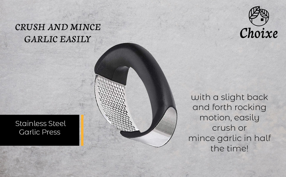 A sleek stainless steel garlic press with an ergonomic rocking design, ideal for crushing garlic effortlessly.