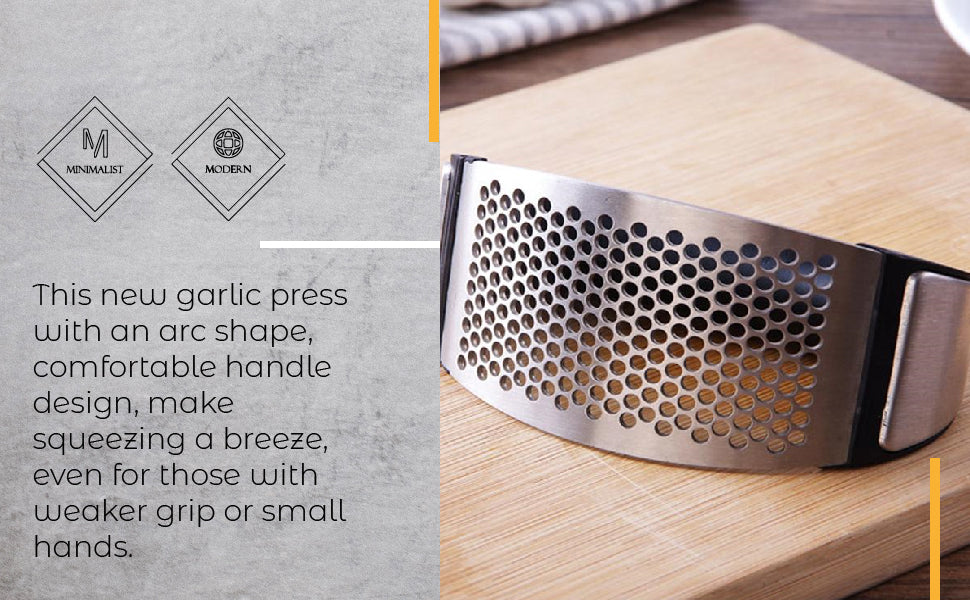 A sleek stainless steel garlic press with an ergonomic rocking design, ideal for crushing garlic effortlessly.