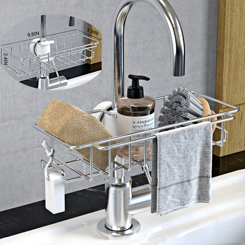 Stainless Steel Sink Storage Rack with adjustable design, featuring a soap dish and drainer for kitchen and bathroom organization.