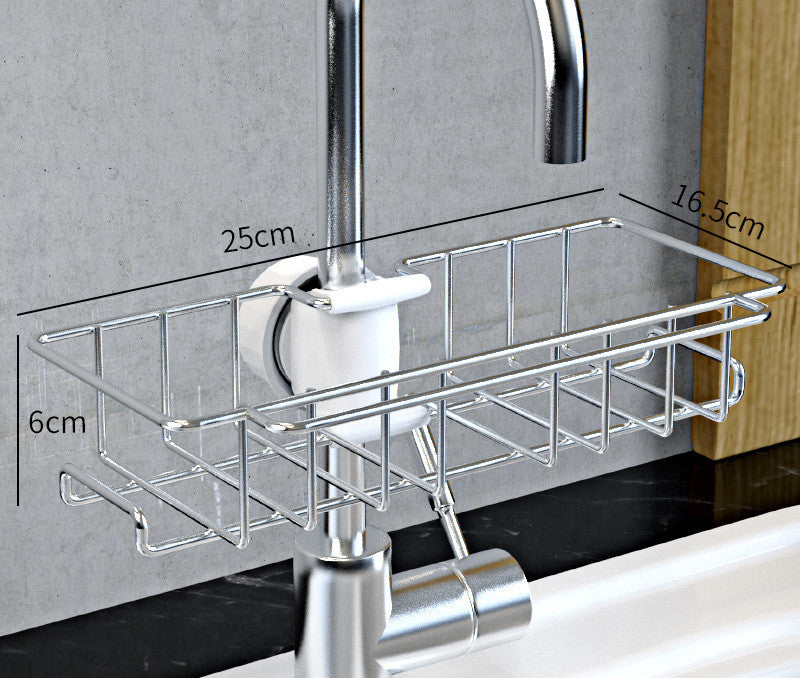 Stainless Steel Sink Storage Rack with adjustable design, featuring a soap dish and drainer for kitchen and bathroom organization.