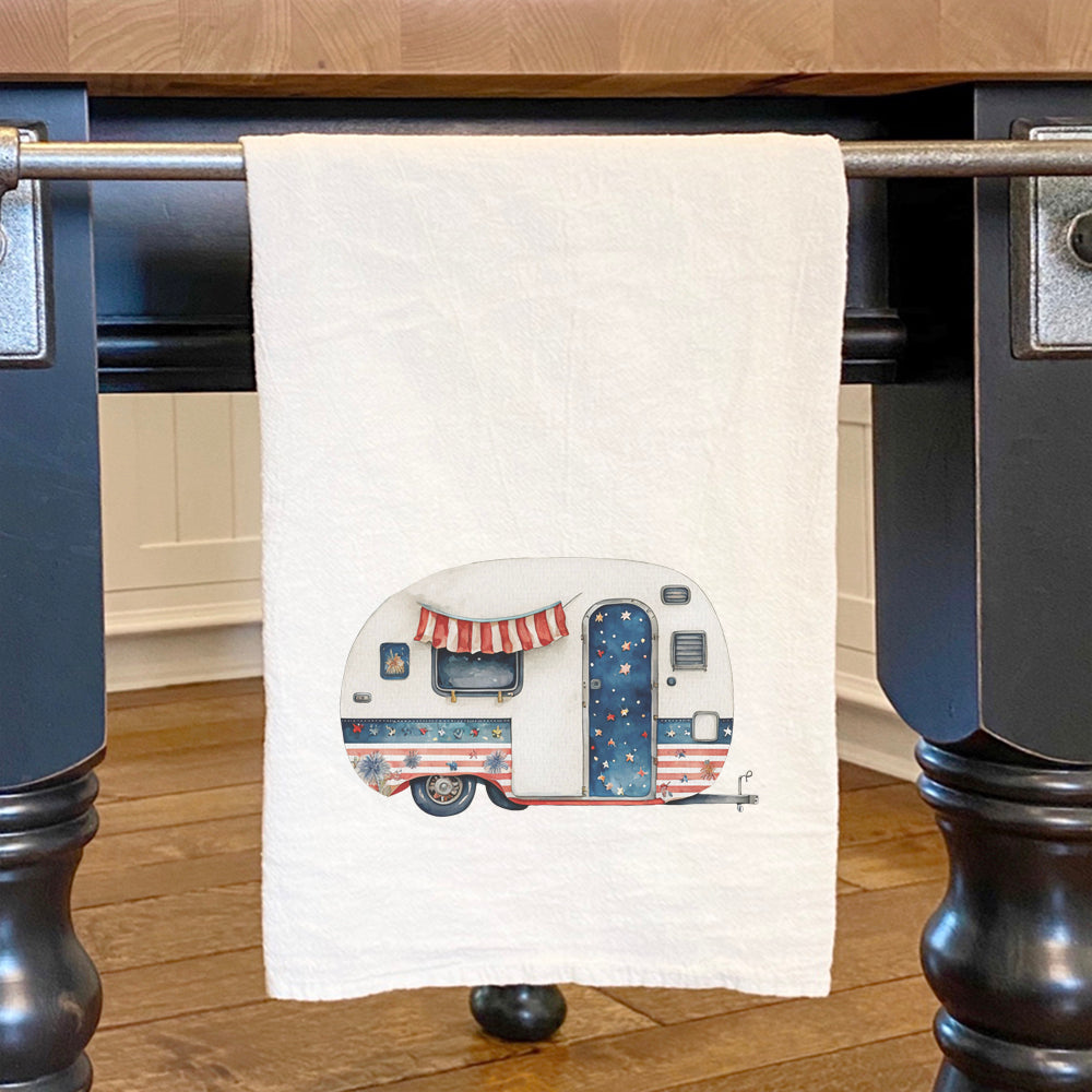 Starry Camper Cotton Tea Towel featuring vibrant design and hemmed edges, perfect for kitchen use.