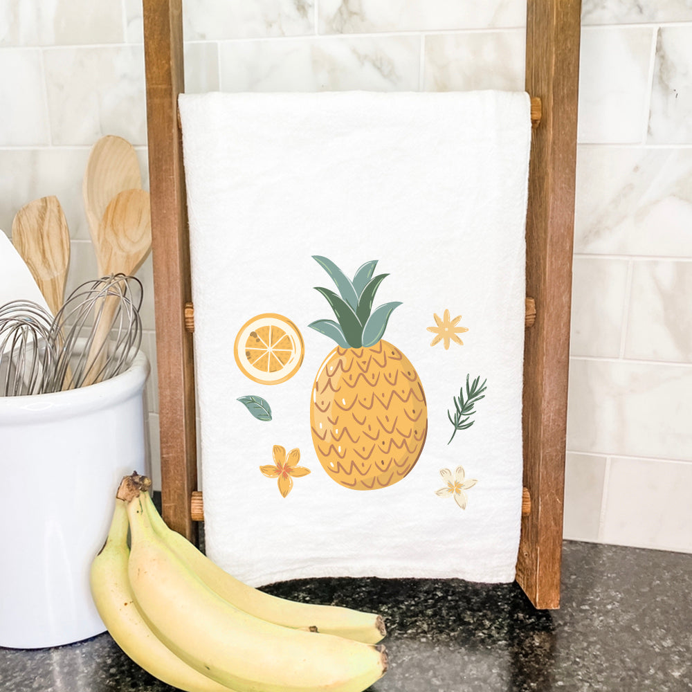 Summer Pineapple cotton tea towel featuring vibrant tropical design, perfect for kitchen use.