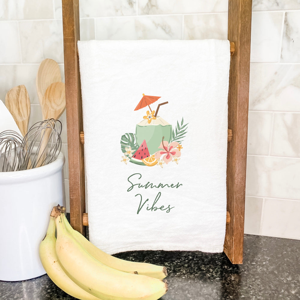 Summer Vibes Coconut Drink cotton tea towel featuring vibrant colors and a tropical design, perfect for kitchen use.