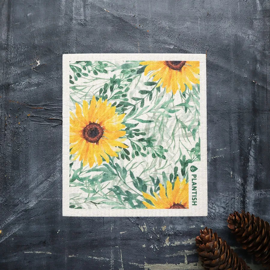 Sunflower Swedish Sponge Cloth featuring a vibrant sunflower design, ideal for eco-friendly cleaning.