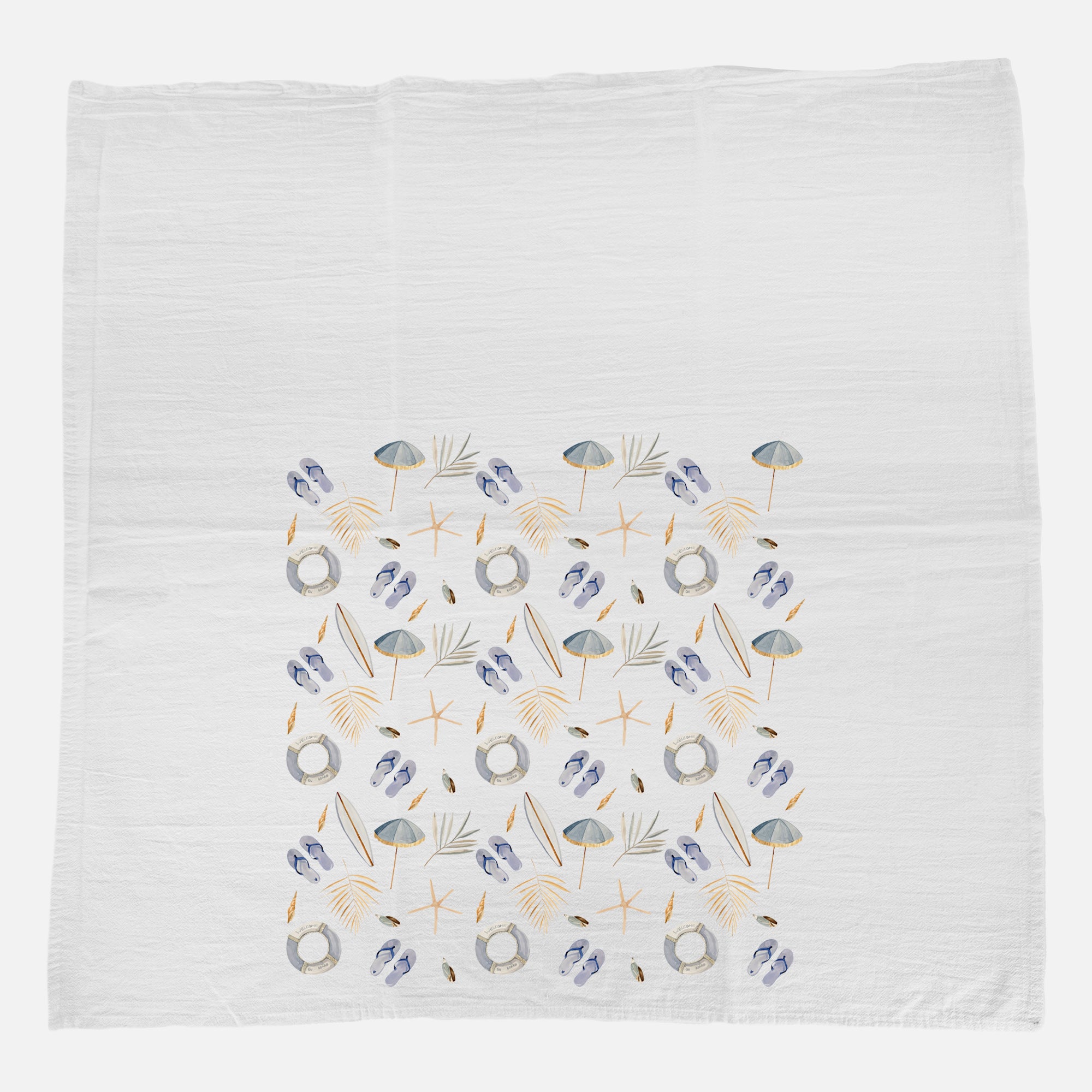 A vibrant cotton tea towel featuring a surf and shells pattern, showcasing ocean-inspired designs in bright colors.