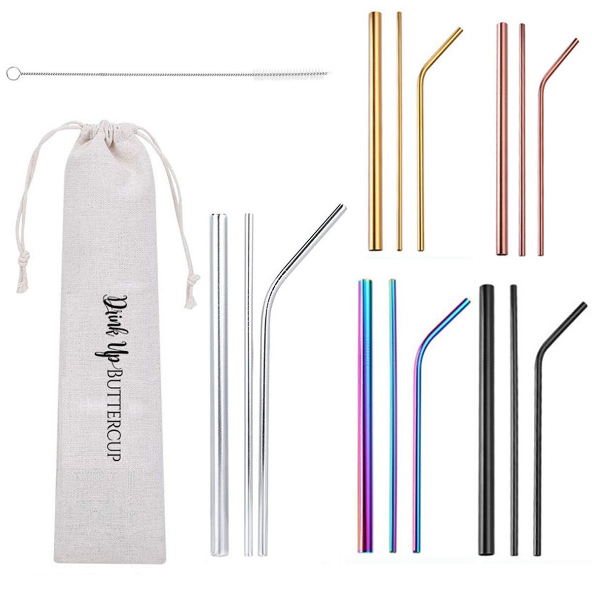 Sweetie Set featuring eco-friendly metal straws in a stylish cotton linen drawstring bag, perfect for drinks.