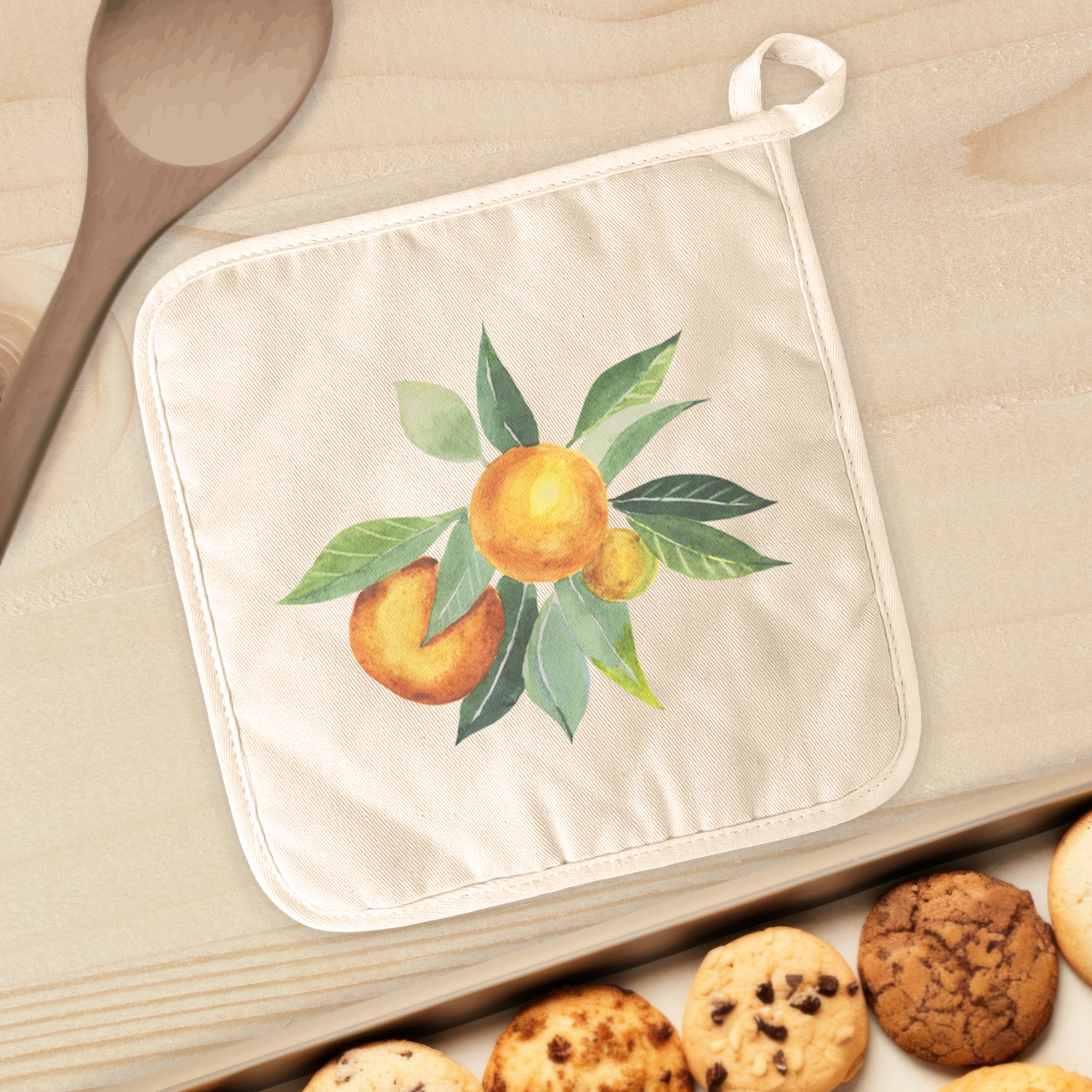 Tangerine Bunch Cotton Pot Holder featuring vibrant design and quilted terry cloth, perfect for protecting surfaces from hot cookware.