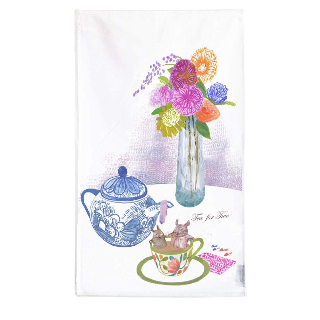 Tea For Two Tea Towel featuring a charming design of calm and friendship, hemmed edges, and a hanging loop.