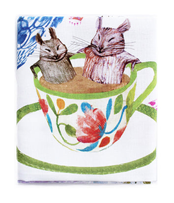 Tea For Two Tea Towel featuring a charming design of calm and friendship, hemmed edges, and a hanging loop.