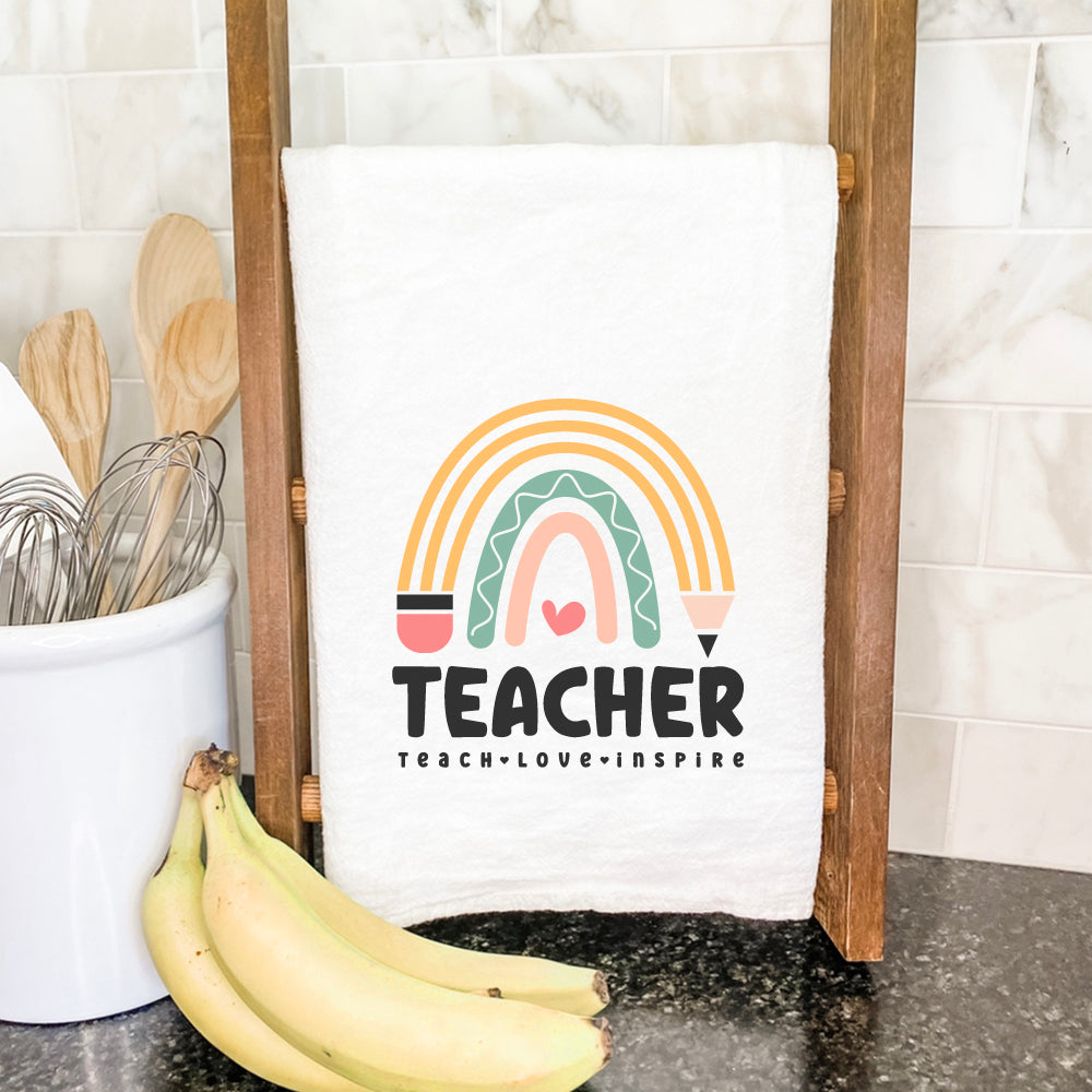 Colorful Teacher Rainbow Cotton Tea Towel with vibrant design, perfect for kitchen use.