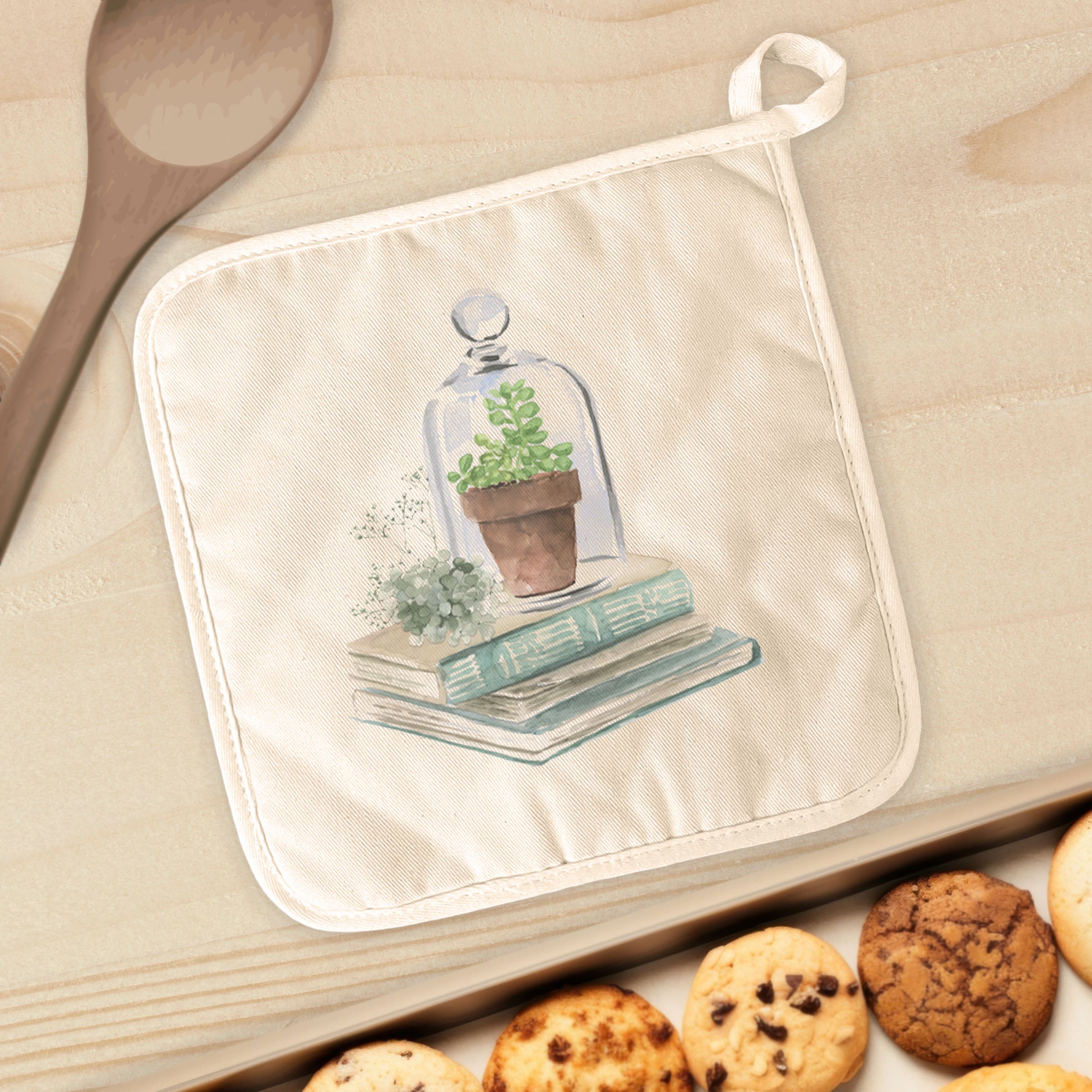 Terrarium and Books Cotton Pot Holder featuring vibrant designs and quilted terry cloth, perfect for kitchen use.