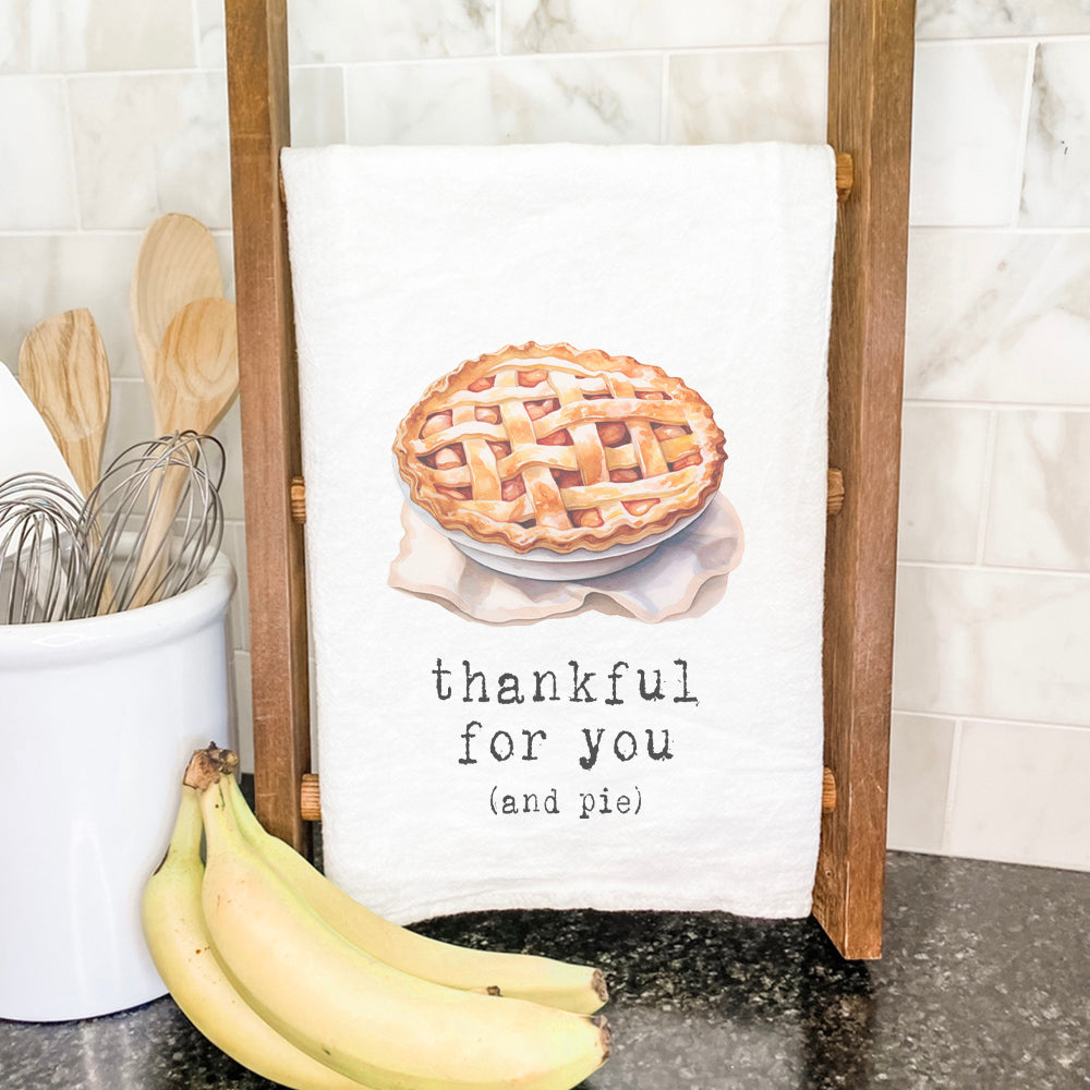 Thankful for Pie cotton tea towel featuring vibrant design and hemmed edges, perfect for kitchen use.