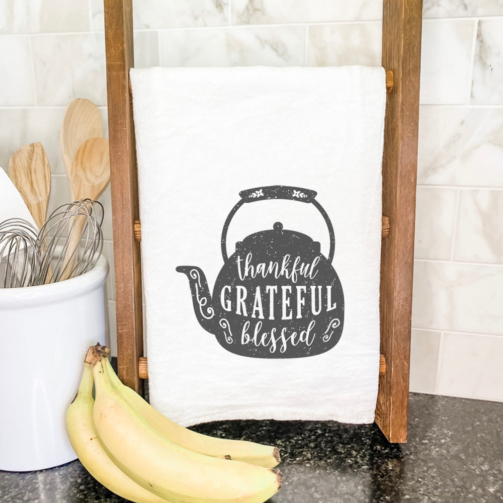 Thankful Teapot cotton tea towel featuring a vibrant teapot design, made from 100% absorbent cotton, measuring 27 inches square.